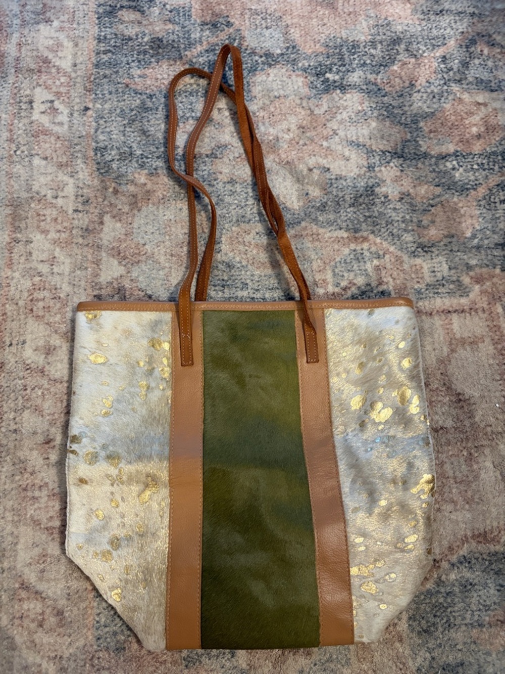 Leather-Trim Green & Metallic Accent Tote Bag